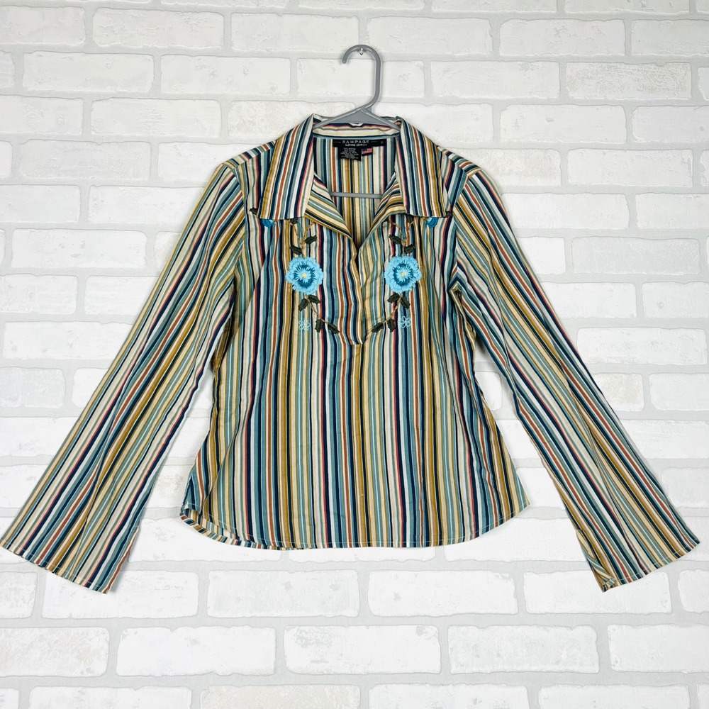 Rampage Multi Color Striped Floral Embroidered Long Sleeve Top Size M 2P9BZ68